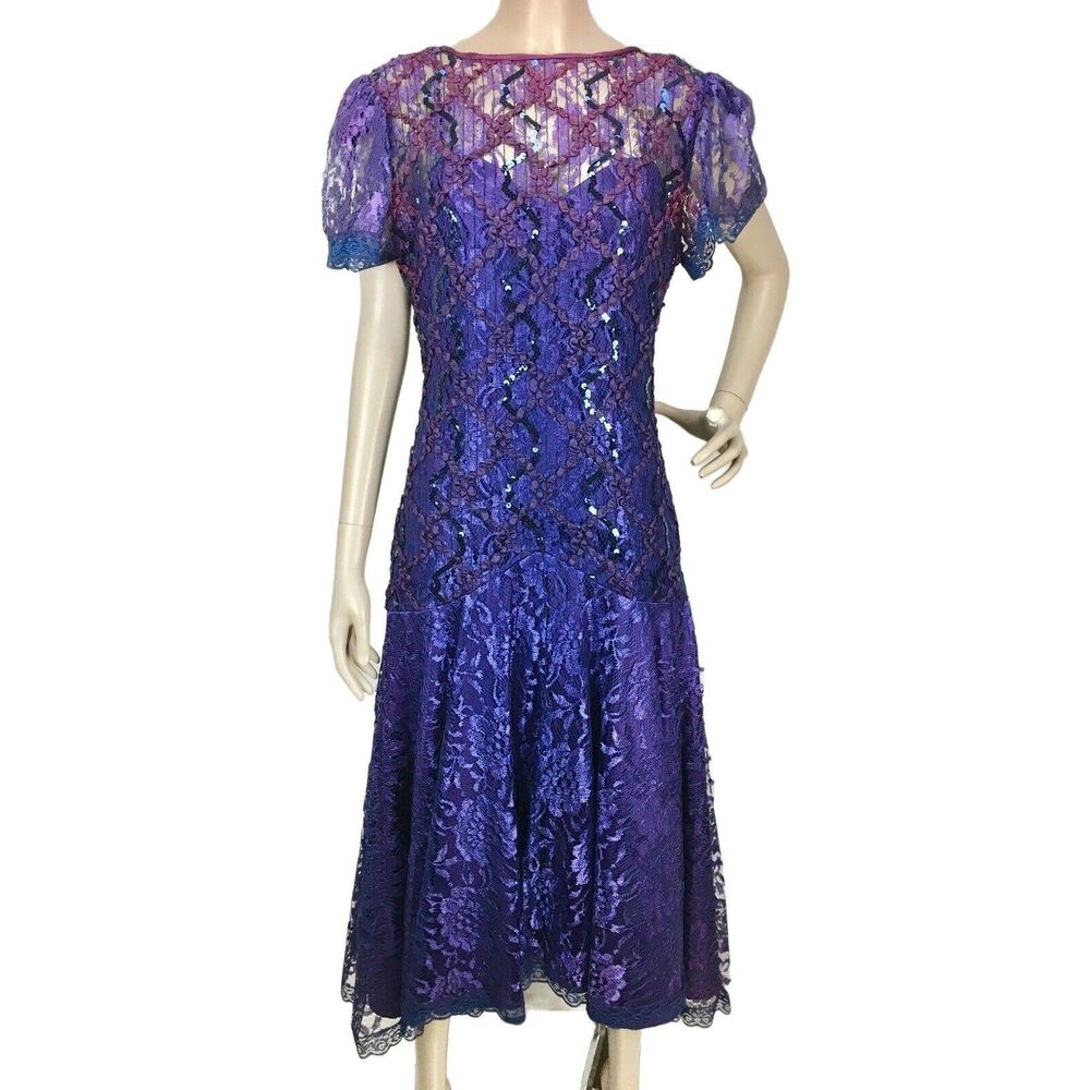 Vintage 90s Shuet Young Tiered Sequined Lace Gatsby Flapper Midi Dress NEW